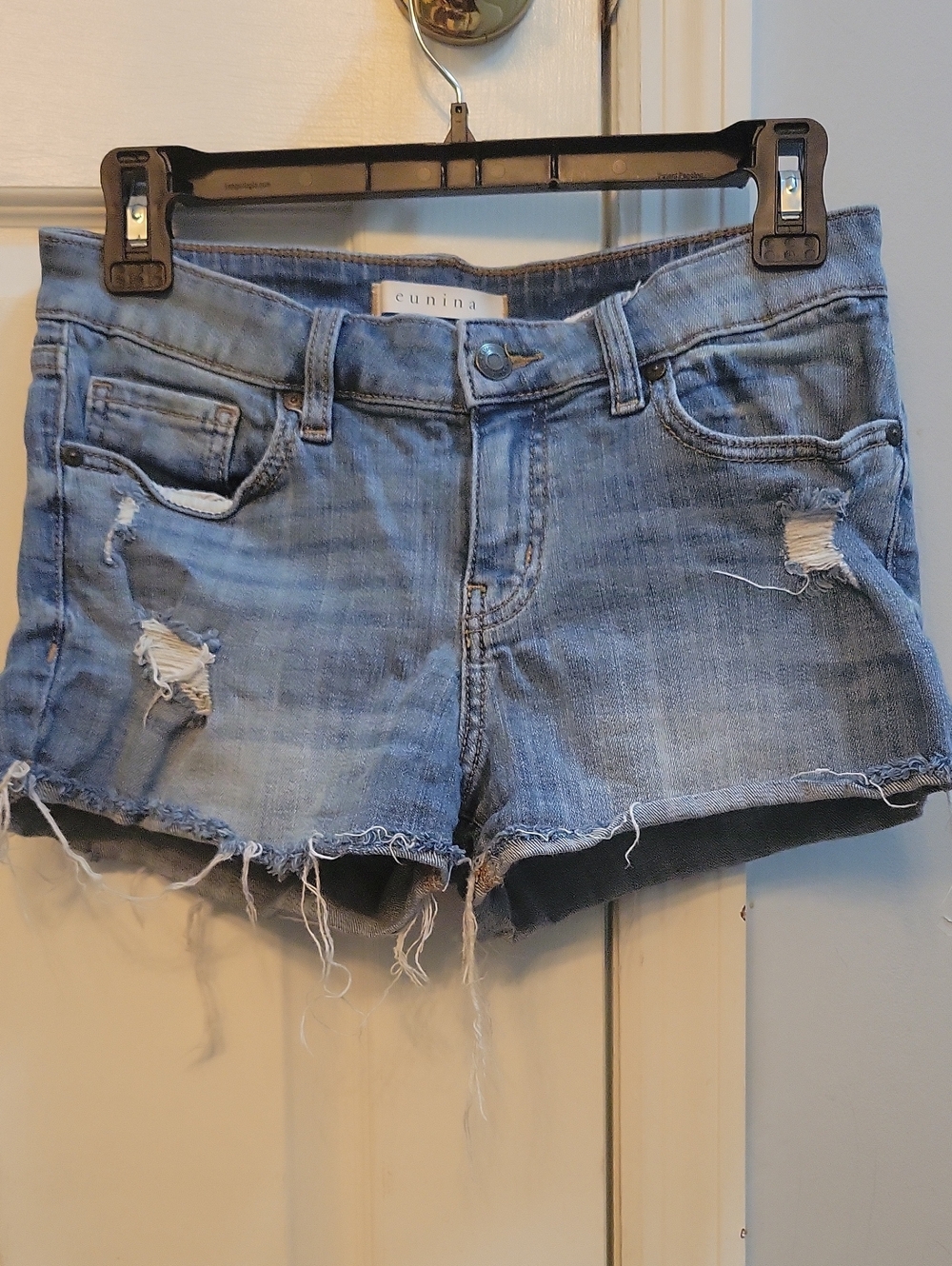 eunina Light Blue Distressed Denim Cutoff Shorts